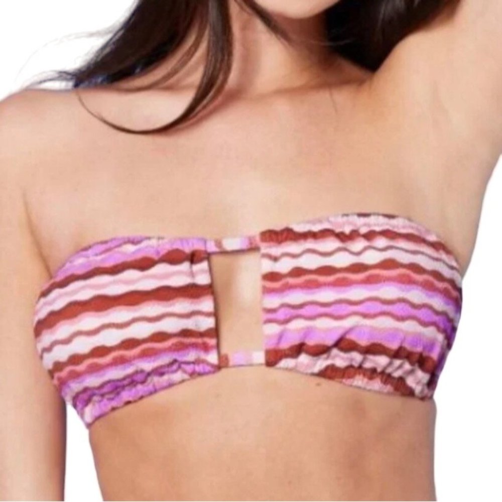 Shade & Shore Bandeau Swim Top Pique Pink Purple Multi Stripe Convertible M L